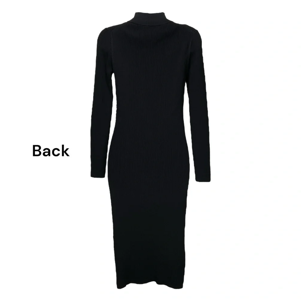 Michael Kors Black Ribbed Knit Logo Tape Zip Front Midi Dress‎ Women’s Medium